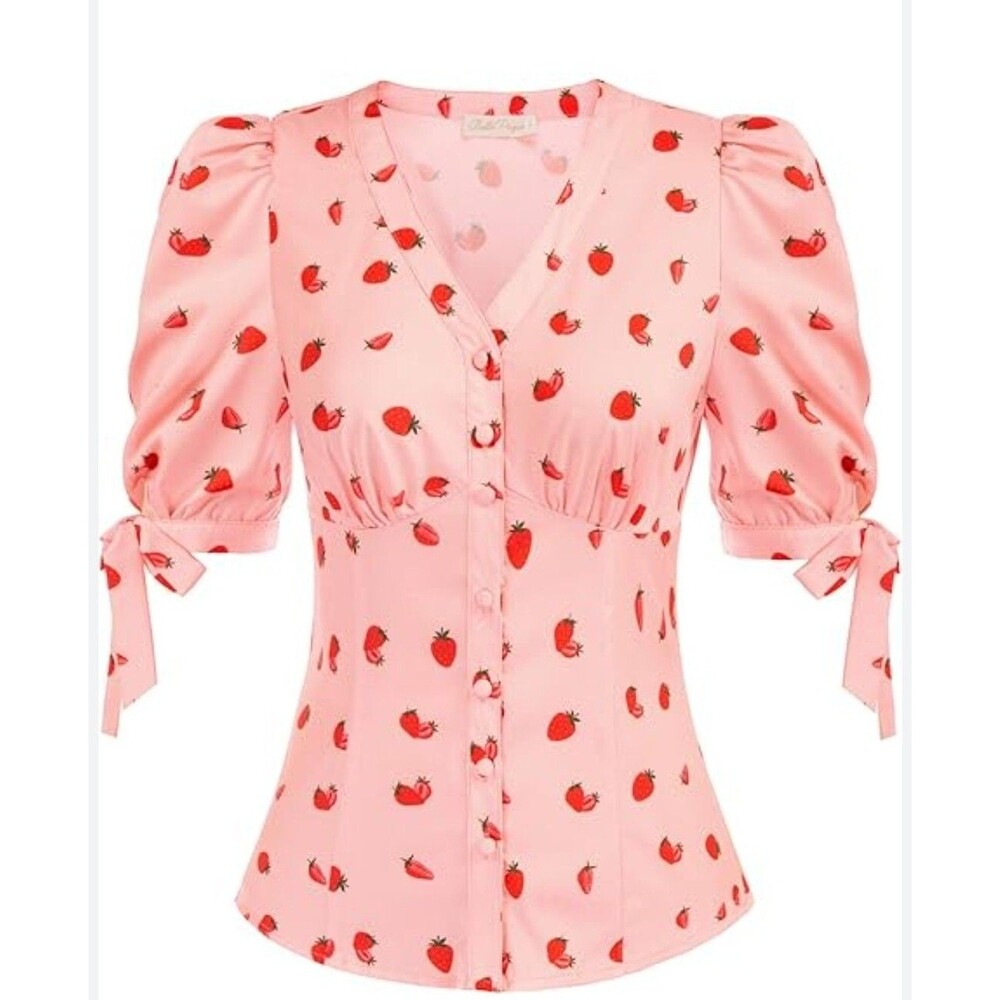 Women's Sz Small Powder Pink Strawberry Print Button Up Shirt Baby Doll Coquette